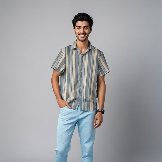 Relaxed Short Sleeve Strips Shirt Blue